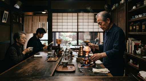 Kissaten master preparing coffee at a timber counter