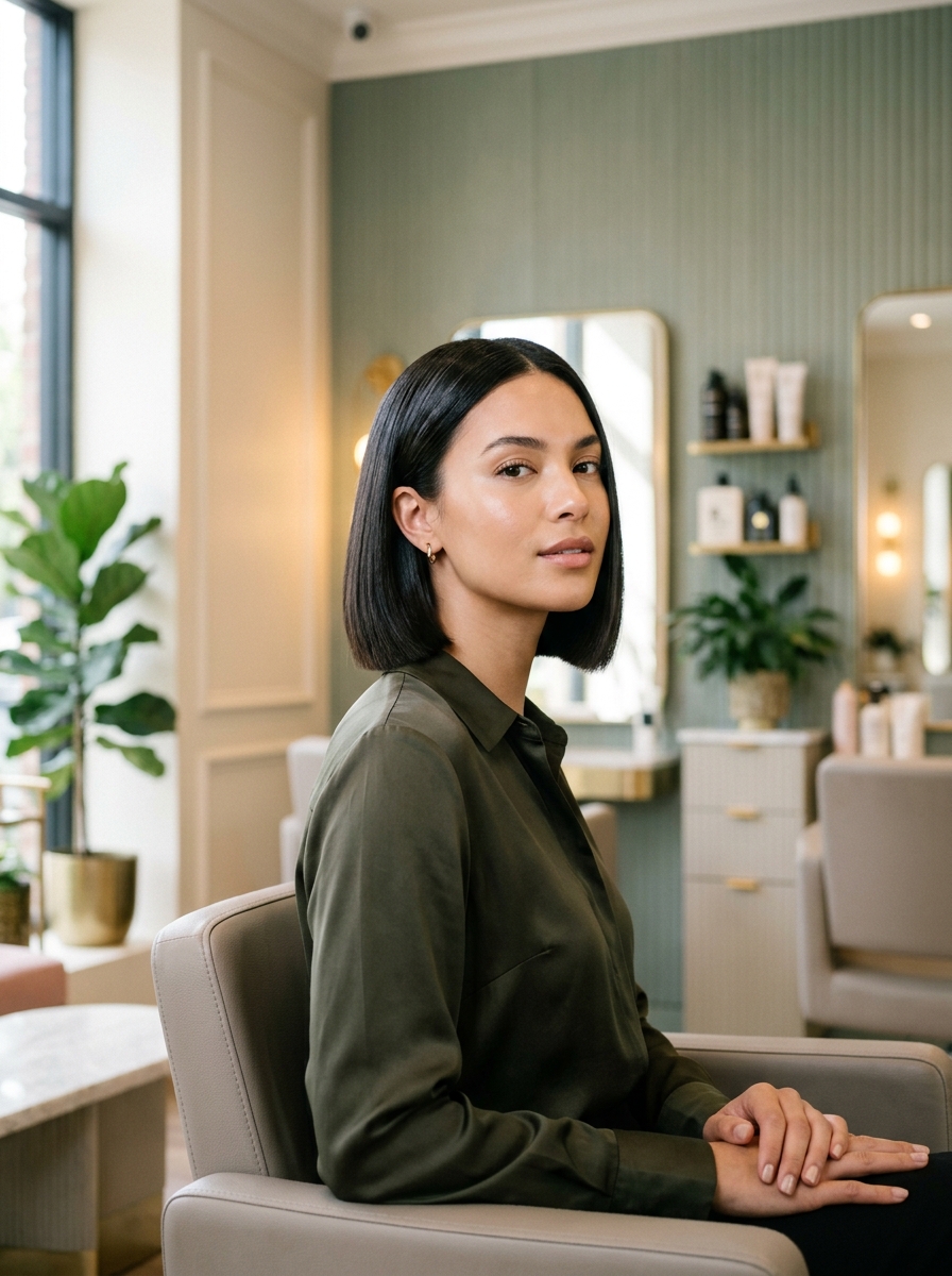 Precision blunt bob cut in luxury salon