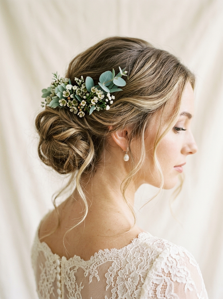 Elegant bridal updo with sage green florals