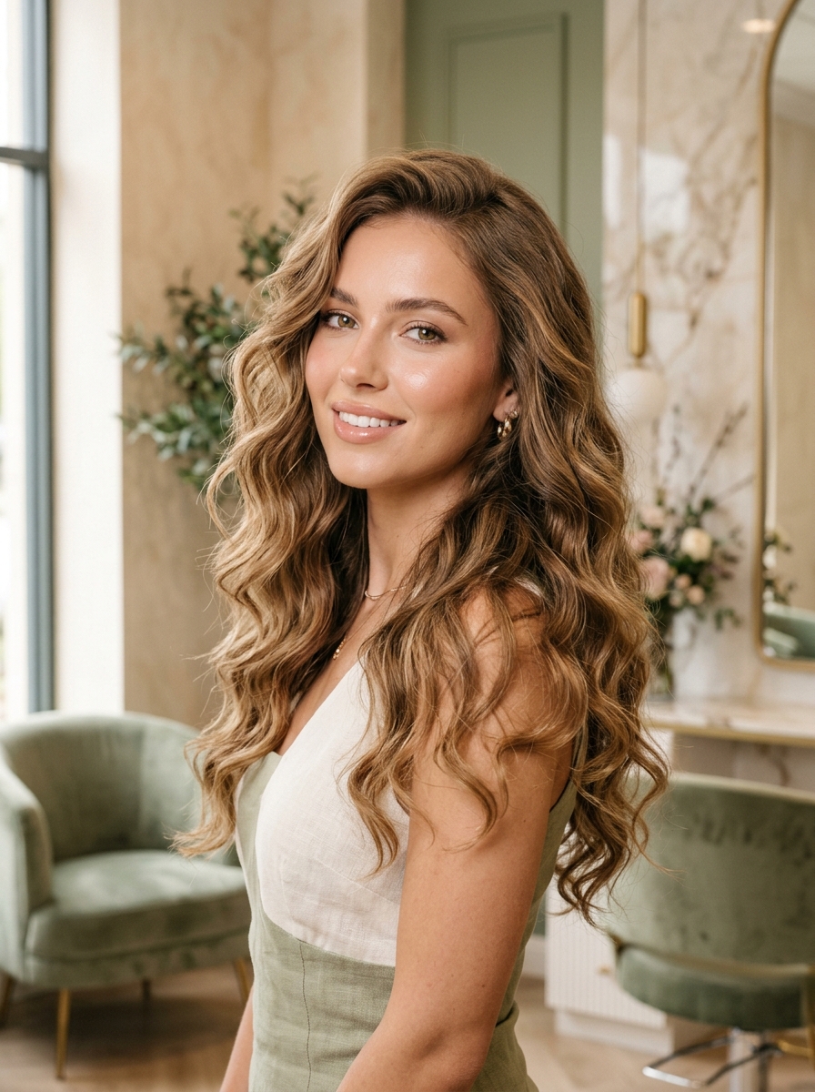 Beach waves with balayage in green salon