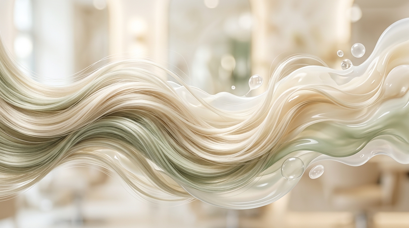 Flowing hair strands merging with organic liquid shapes in cream and sage tones
