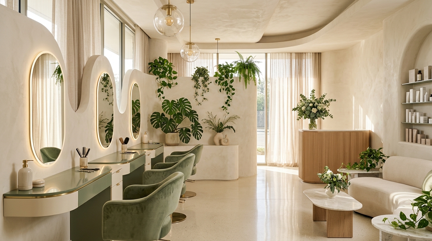 Interior of AuraLynk AI Beauty OS with botanical decor and oval mirrors