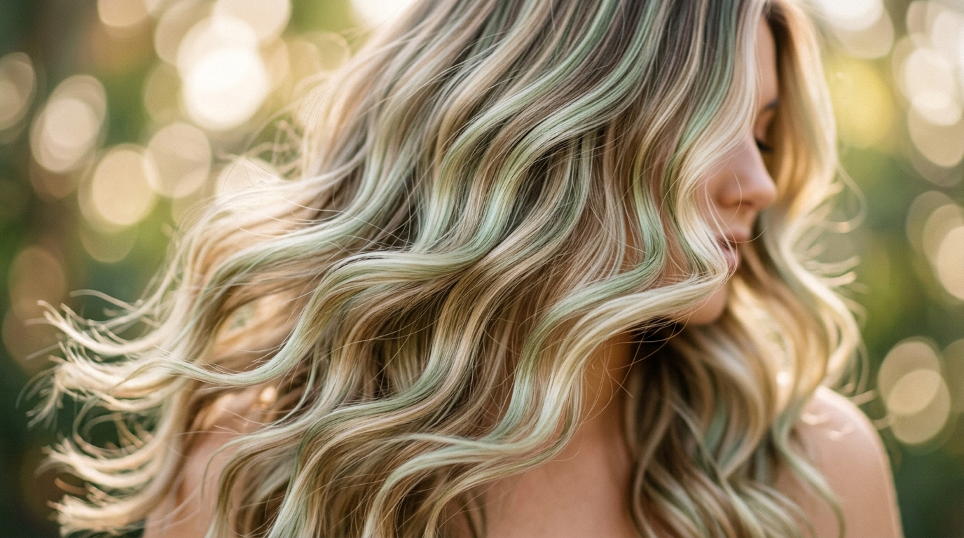 Close-up of glossy wavy hair with sage green highlights