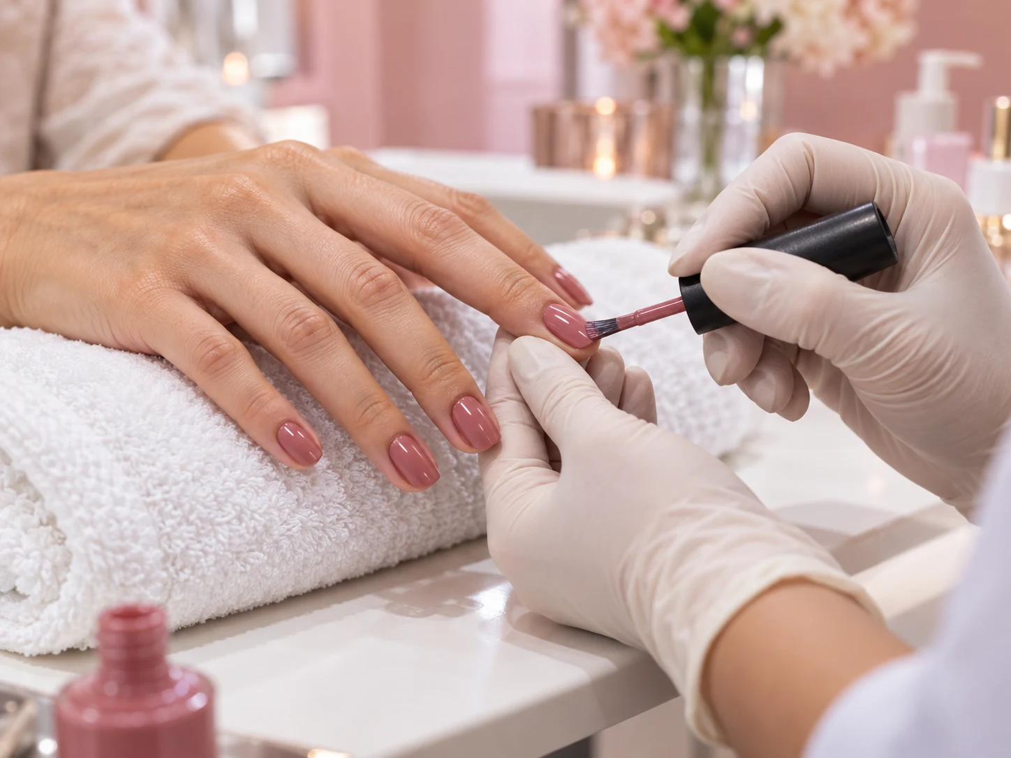 Rose polish being carefully applied during a manicure