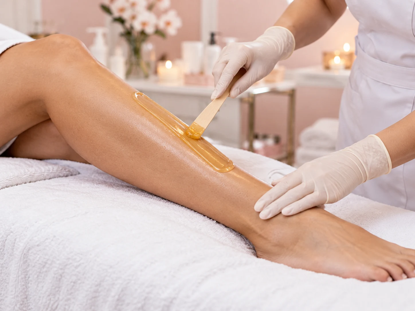 A salon technician applying wax to a lower leg