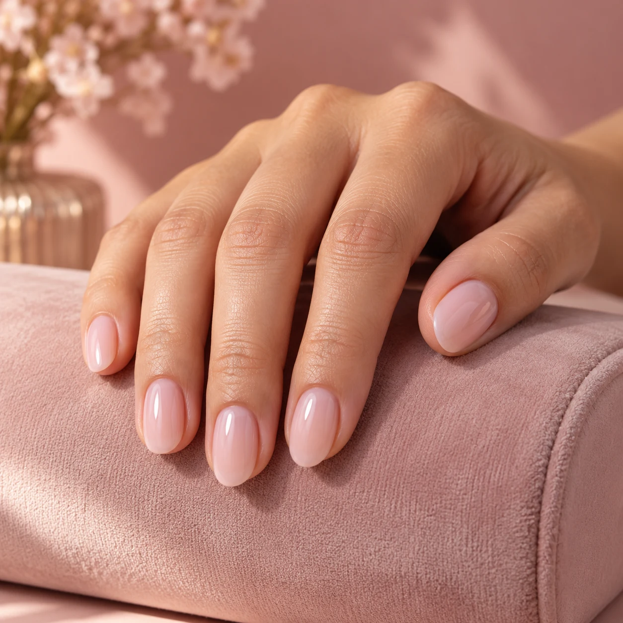Soft pink manicure resting on a rose-colored cushion