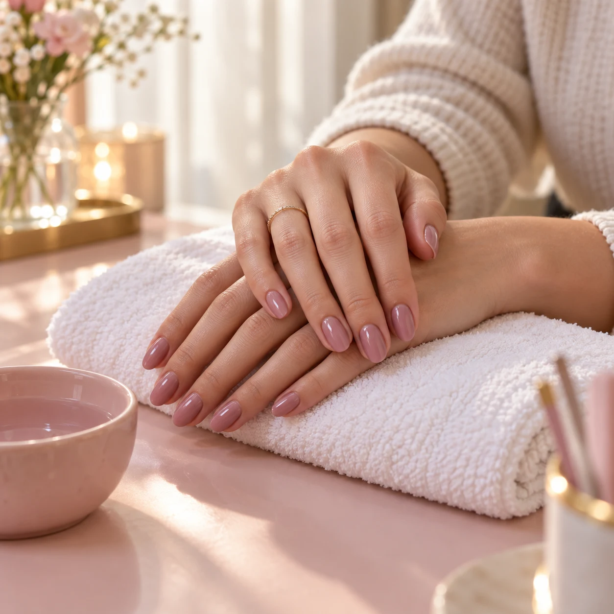 Mauve manicure with hands resting on a white salon towel
