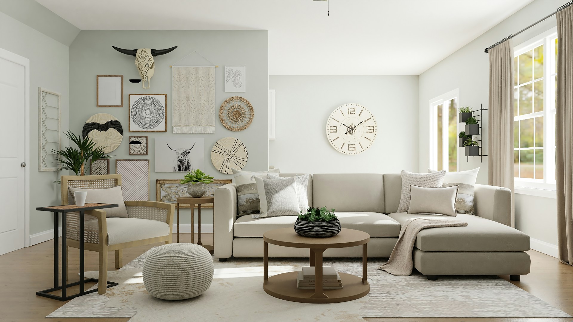 A softly lit studio with natural textures and neutral furniture
